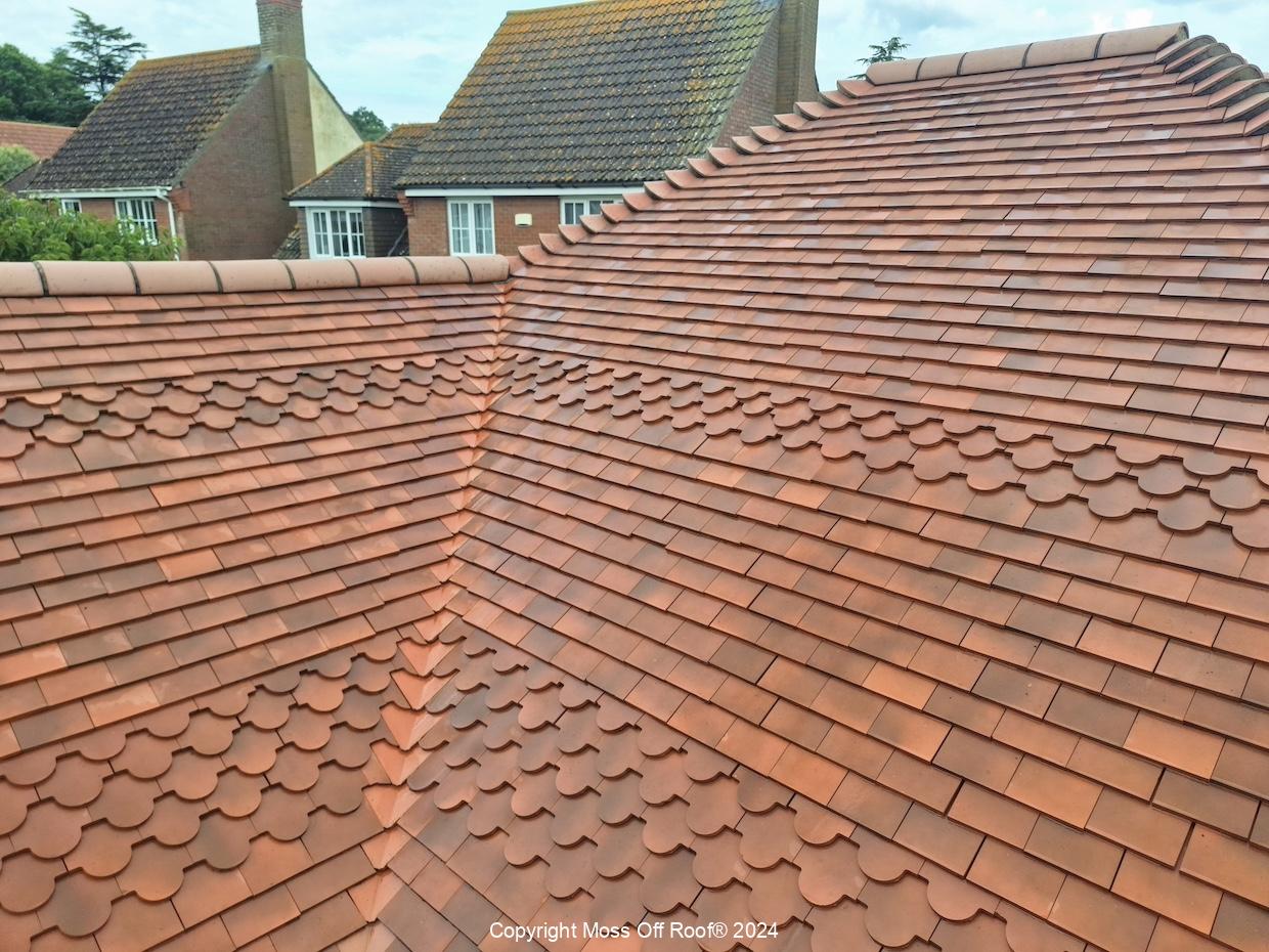 Freshly cleaned red tiled roof with restored colour and no moss
