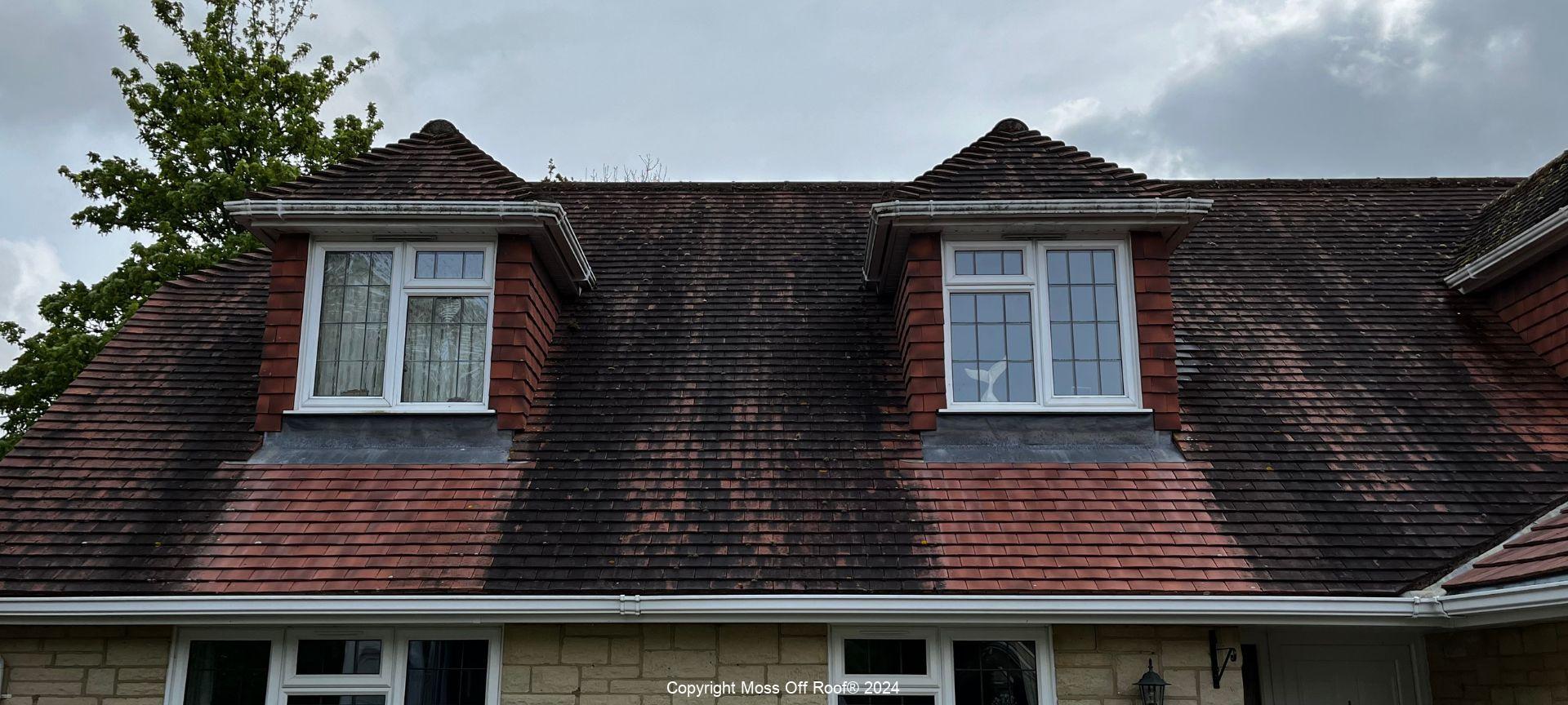 Dark tiled roof post soft wash treatment with visible clean finish