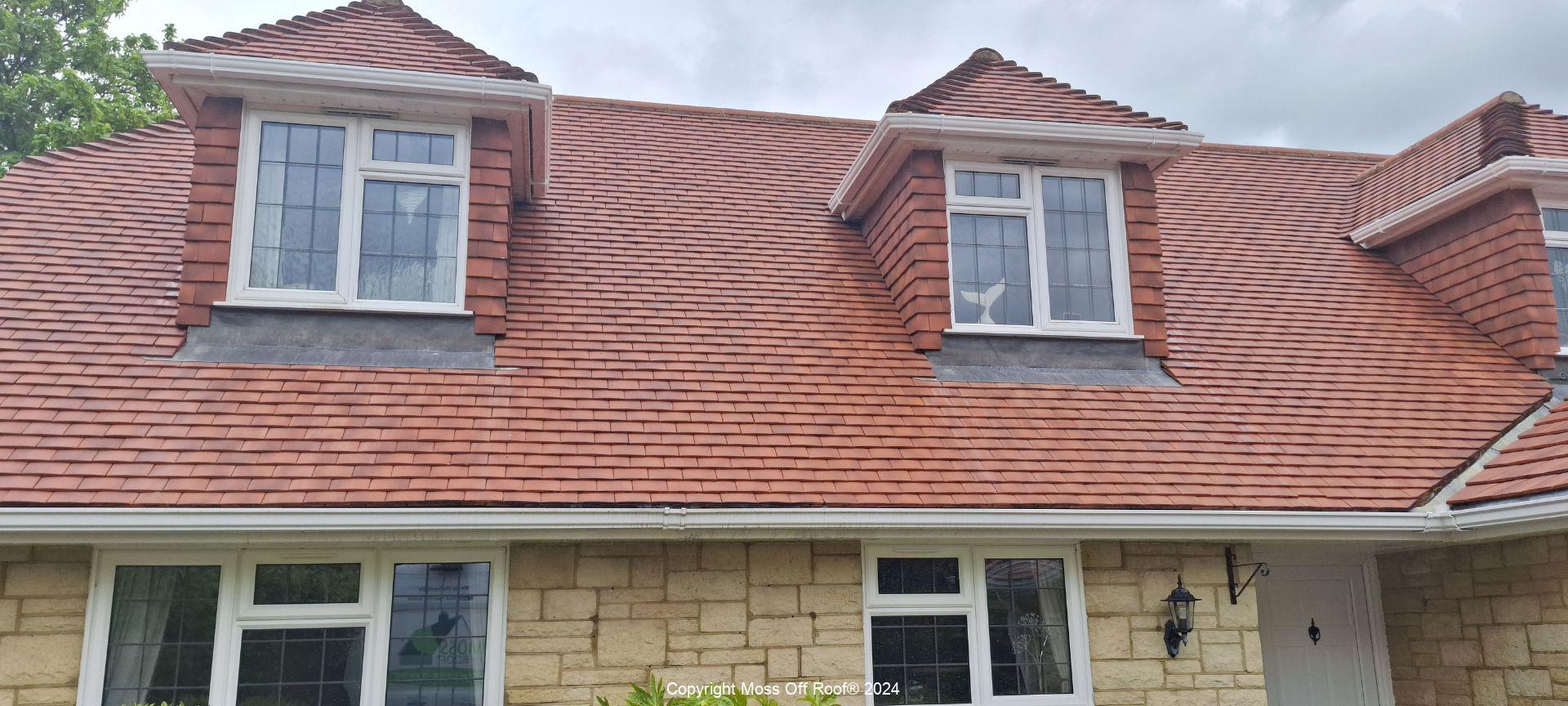 Fully cleaned red tiled roof after moss and lichen removal treatment