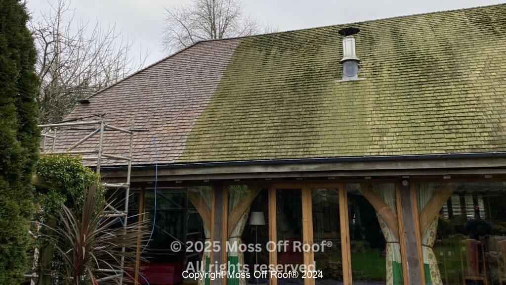 Slate roof showing visible cleaning progress during moss and algae removal